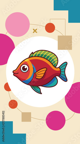 Colorful Cartoon Fish Illustration with Abstract Shapes.