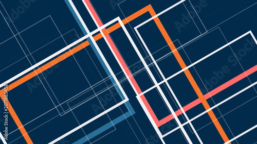 Tableau sur toile Abstract geometric city grid fills the frame with glowing orange and white lines across deep blue layers, creating a modern, techy mood for backgrounds and motion design