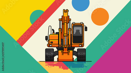 Orange excavator construction vehicle with large wheels.