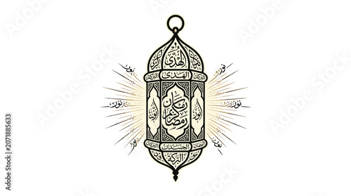 Islamic Lantern with Arabic Calligraphy and Light Rays.