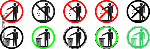 No littering and keep clean sign vector set. Icons showing a person throwing trash in a garbage bin with red prohibition and green permission circles. Public safety symbols.