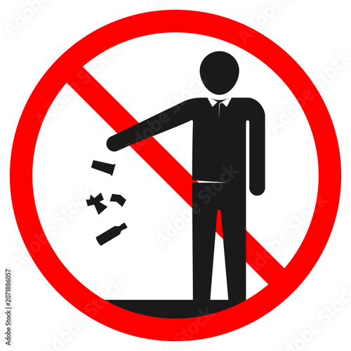 No littering prohibition sign vector illustration. Silhouette of a person throwing trash in a garbage bin with a red stop circle. Clean environment campaign icon.