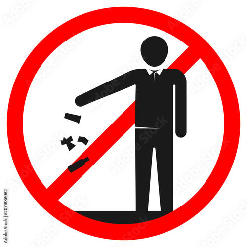 No littering warning symbol illustration. Stick figure person throwing garbage in a bin with a red forbidden circle. Isolated public safety vector sticker design.