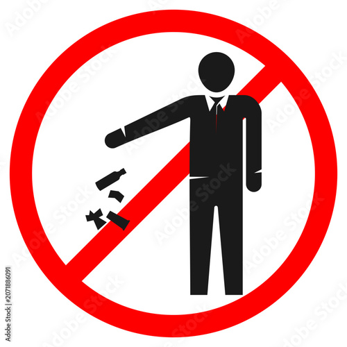 No littering warning symbol illustration. Stick figure person throwing garbage in a bin with a red forbidden circle. Isolated public safety vector sticker design.