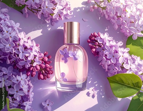 Elegant Pink Perfume Bottle Surrounded by Blooming Lilac Flowers on Pastel Surface