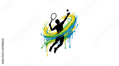 Silhouette of a tennis player serving with abstract colorful paint splashes.