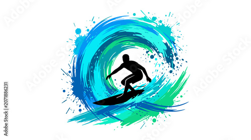 Silhouette of a surfer riding a wave with colorful splashes.