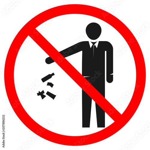 No littering prohibition sign vector illustration. Silhouette of a person throwing trash in a garbage bin with a red stop circle. Clean environment campaign icon.