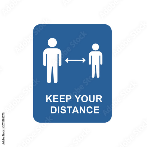 Social distancing sign with two people icons and text.