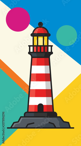 Striped Lighthouse Tower with Colorful Geometric Background.