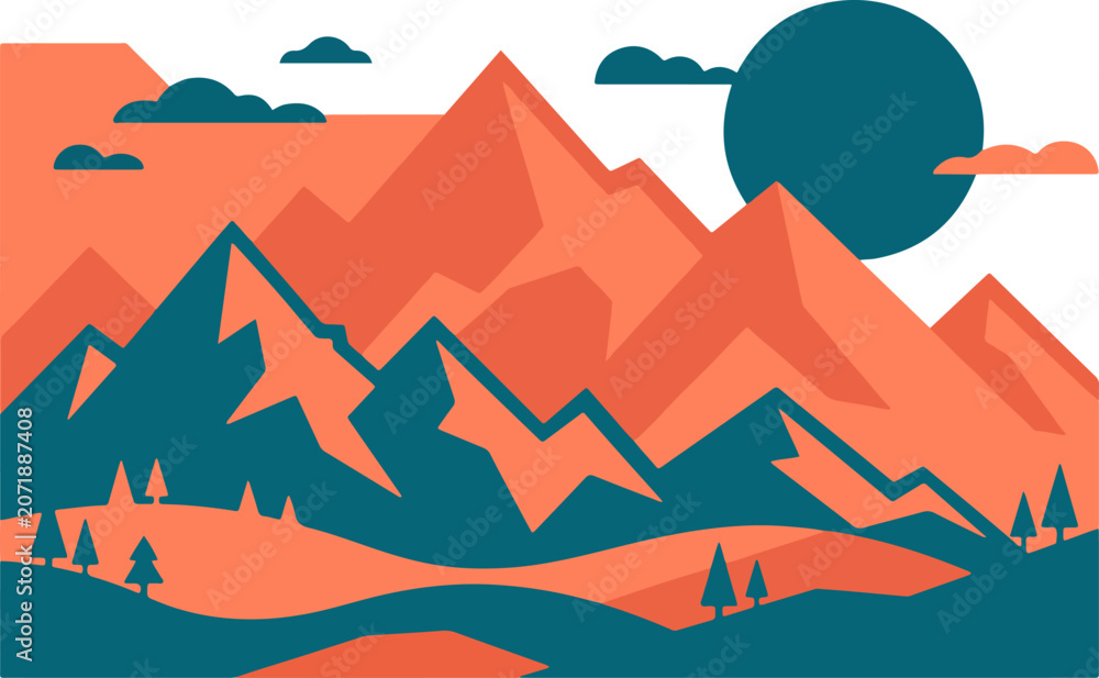 Fototapeta premium Mountain Landscape Vector Illustration with Sunset Sky Snow Peaks Desert Hills River Water and Nature Travel Silhouette Design