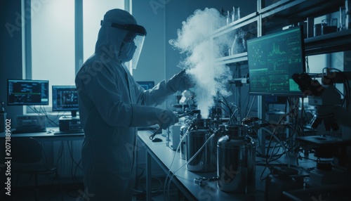 Professional cryogenic laboratory technician working with extremely cold scientific equipment inside a physics facility