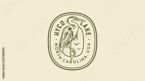 Vintage rustic Great Blue Heron emblem for Hyco Lake North Carolina, retro engraving style vector badge for outdoor souvenir t-shirt design