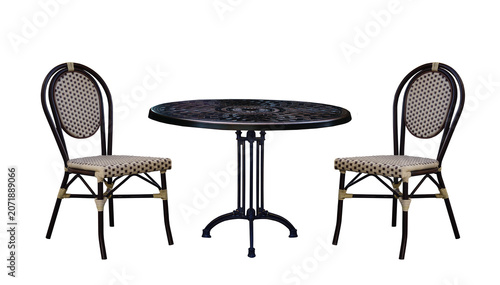 Obraz na plátne round table and wicker bistro chairs isolated on white background