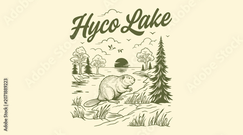Vintage rustic beaver by Hyco Lake with pine trees and sunset, retro line art engraving illustration for t-shirt design and outdoor souvenir branding