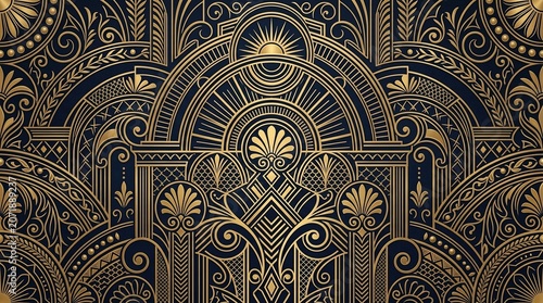Golden Art Deco Pattern with Floral Motifs and Geometric Shapes