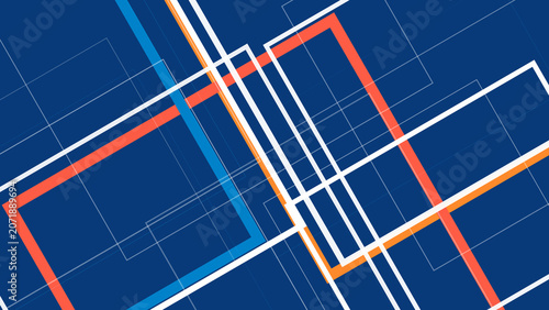 Bold abstract geometry shows intersecting network lines and frames in rich blue, orange, and white, creating a dynamic modern tech mood for presentations and branding.