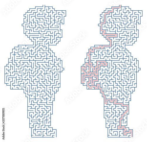 Educational maze puzzle for kids in the shape of a first grader schoolboy with a backpack. Blue line art labyrinth with unsolved and solved versions