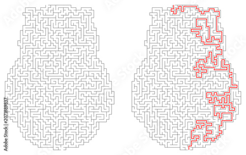 Owl outline labyrinth game representing the path to wisdom and success. Includes a solution path in red, ideal for educational content, strategic thinking concepts, and school-themed graphic
