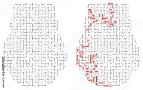 Educational owl-shaped maze puzzle for kids with unsolved and solved versions. Creative back to school activity symbolising wisdom and the path to knowledge for the new academic year.