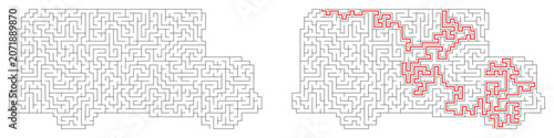 Playful school bus shaped maze puzzle with solution path showing red line 