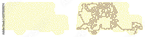A yellow school bus featuring a labyrinth design, presented as a puzzle