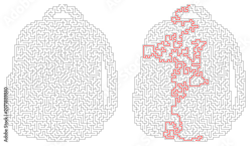 Maze design of a backpack in outline style with path highlighted  