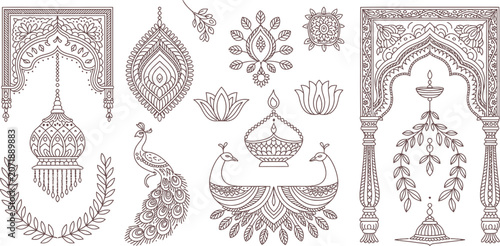 Indian, traditional, decorative, vector icons, 12 elements, henna, floral patterns, peacock, arch, lantern