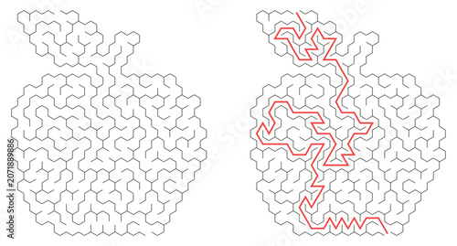 Abstract apple maze design with outlined paths and red lines  