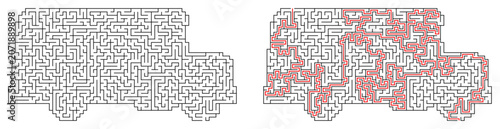 School bus maze puzzle with solution path showing red line