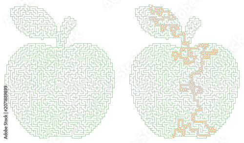 Green apple shaped maze puzzle with solution path showing red line