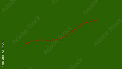 Animated red dashed line path on green screen, hand drawn s-curve motion red line motion animation 4k video.