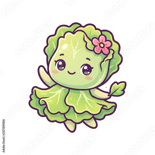  Cute Kawaii Lettuce Character Smiling With Pink Flower sticker Illustration