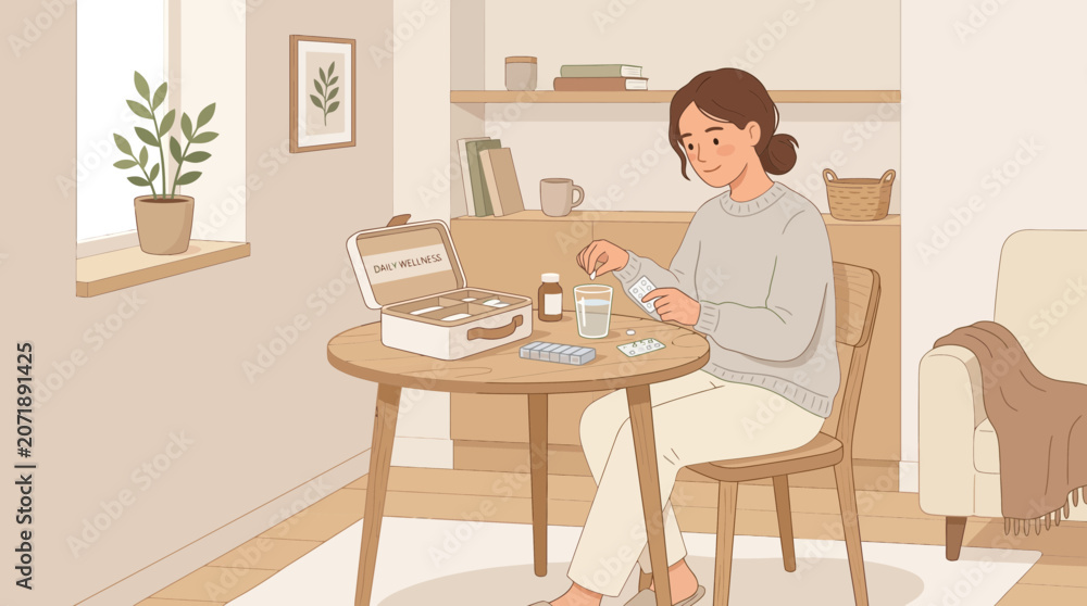 Fototapeta premium Woman taking medication from first aid kit at home, wellness concept