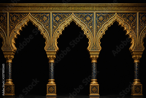 An ornate, golden architectural archway with intricate detailing stands against a black background.