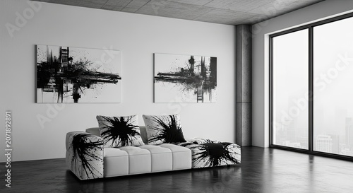 Minimalist white living room with black ink art.