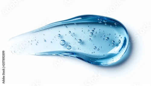 Blue gel serum with water droplets, close-up of hyaluronic acid moisturizer, skincare product texture