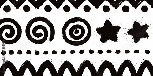 Schilderij op canvas Black spray paint strokes forming spiral star and wavy shapes on a white backgro