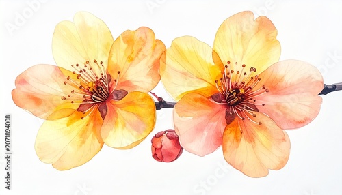 Watercolor cherry blossoms, yellow and pink petals, spring flowers on white background, floral art illustration