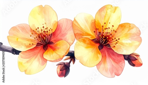 Watercolor cherry blossoms, two vibrant pink and yellow flowers with buds on a branch, spring floral illustration