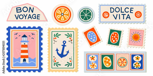 Картината върху платно Collection Of Retro styled Travel Stickers Featuring Citrus Fruits And Nautical