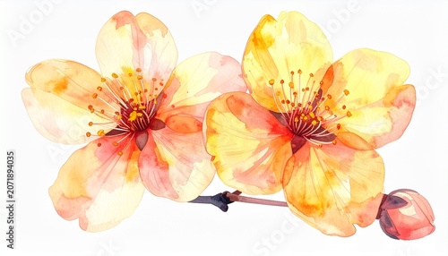 Watercolor cherry blossoms, two vibrant pink and yellow flowers with delicate petals on a branch, spring floral illustration