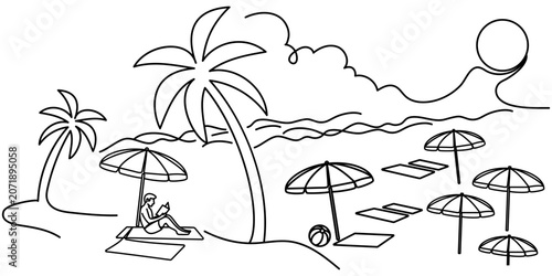 Foto Summer beach resort landscape continuous line art