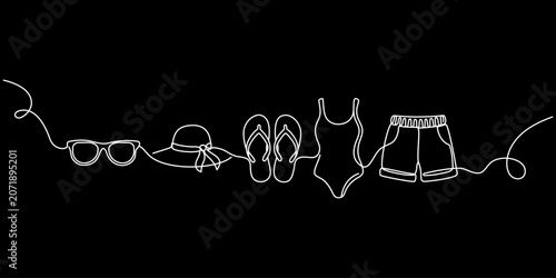 Fotografija A summer beachwear illustration, drawn with continuous lines on a black background