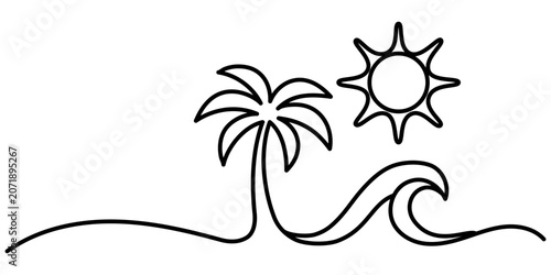 A tropical beach icon featuring a palm tree, sea wave, and sun, created in a continuous line style. Isolated on a white background. Editable stroke