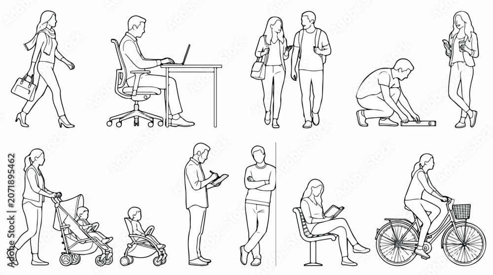 Obraz premium Minimalist line art people collection, architectural scale figures in various activities, black and white vector outlines of diverse urban characters