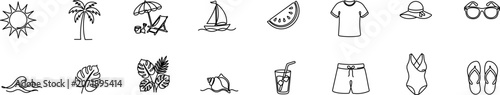 A large collection of vector icons for summer vacations and travel, designed in a single-line style. This mega-pack includes clothing, palm trees, cocktails, and nautical elements. Editable outline