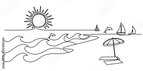 Summer beach landscape continuous line art. Minimalist one line drawing of sea sunset, ocean waves, dolphins and sailboats panoramic background. Editable outline
