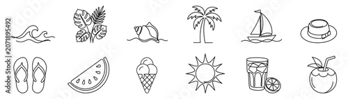 Obraz na płótnie A collection of vector icons featuring 12 essential symbols of summer vacations and travel, all in single-line style