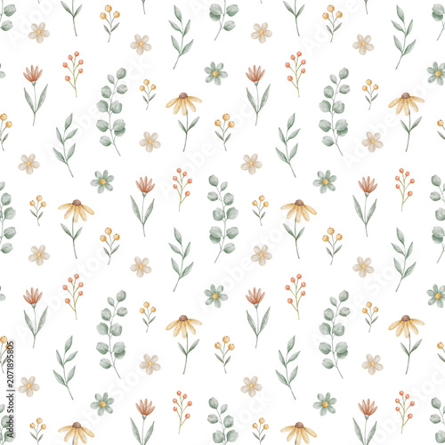 Seamless watercolor pattern. Floral meadow branches and leaves. Cute botanical berries background.